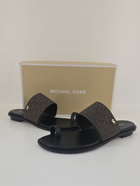 Michael Kors Brown Monogram and Black Toe-Ring Slide Sandals
